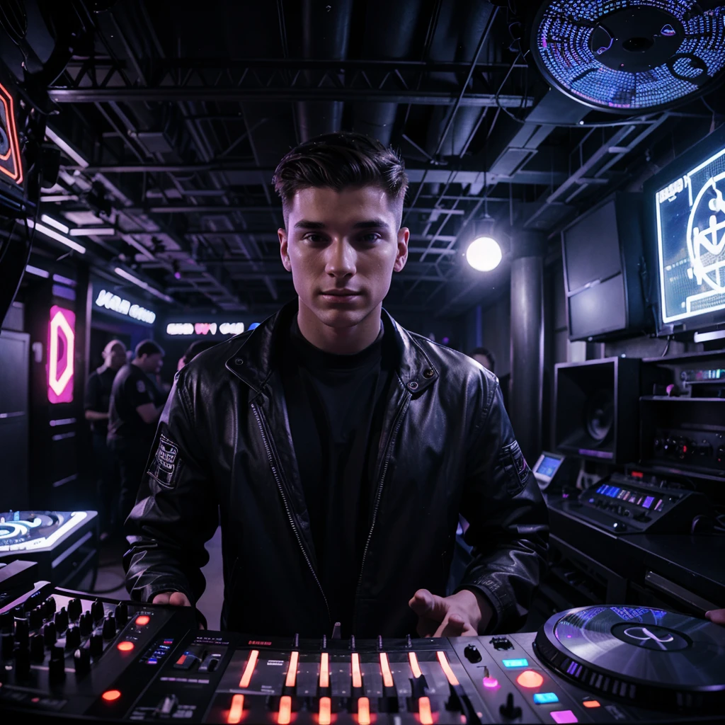25 year old male DJ, putting sound at a rave, futuristic atmosphere.