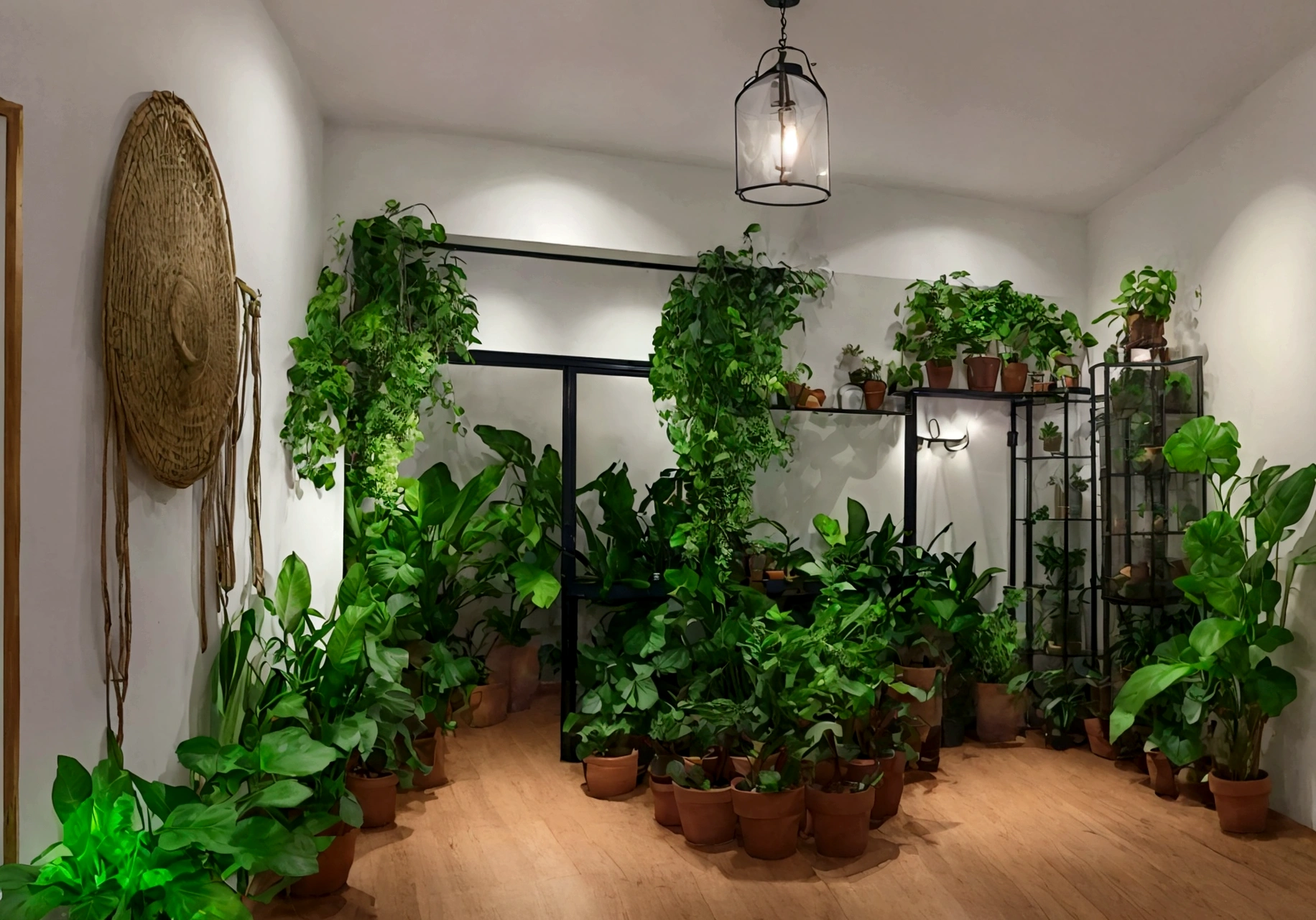 A tranquil countryside-style indoor scene, frontal view, wall-mounted decorative lighting, cabinets, potted plants, frontal perspective, eye-level view, wide-angle lens, entire front wall visible, hyper-realistic, cinematic lighting, ultra-high definition, high quality, extreme detail, high resolution
