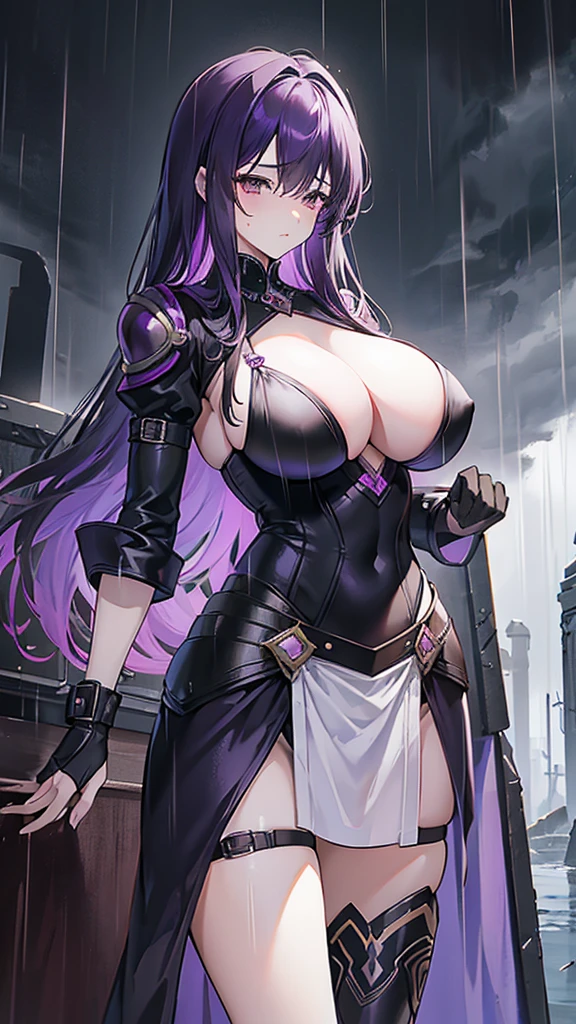 1 Private Wife,alone,long hair,Large Breasts,cleavage,Brown eyes,Sexy,purple hair,Mature female,widow,(masterpiece: 1.0,(the best_quality: 1.0),silence,Black Armor,rain,cloudy day,tombstone,Close eyes,Fantasy World,Board hairstyle,tearing up
