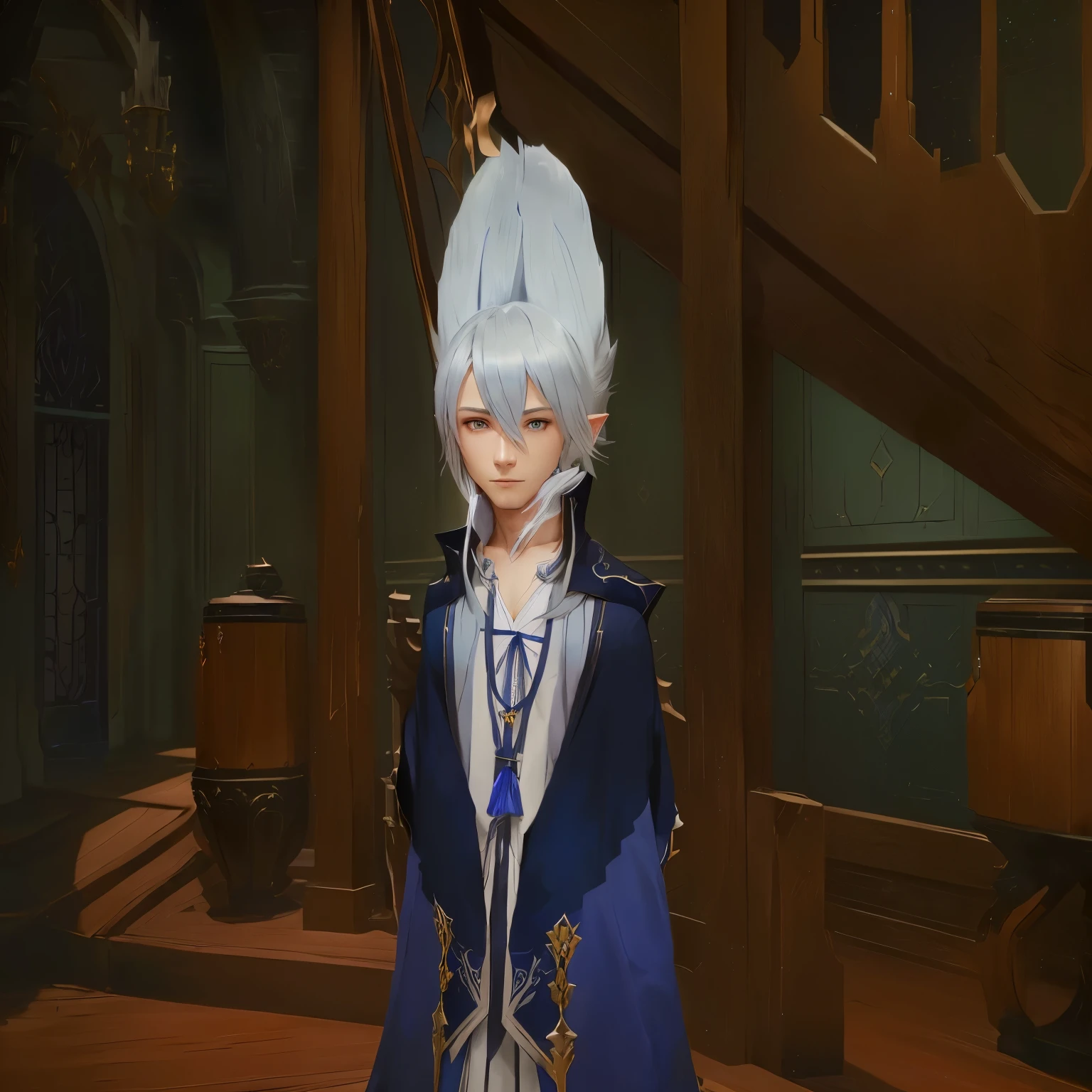 anime character in a blue and white outfit standing in a room, lalafell, he has dark grey hairs, young shadow mage male, thancred waters in style of wlop, ((wearing aristocrat robe)), from bravely default ii, roguish smirk, main character, clothes themed on a peacock mage, smirking male bard