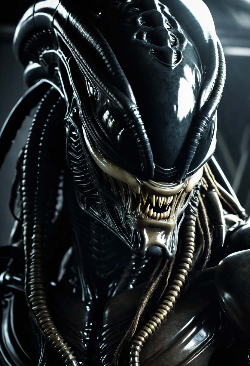 (((Very close up (((Predator fusion Xenomorph Alien the eighth passenger))),(((black color))) surreal and cinematographic images Color Splash images))),(((Front Images))),(((dreadlocks)))