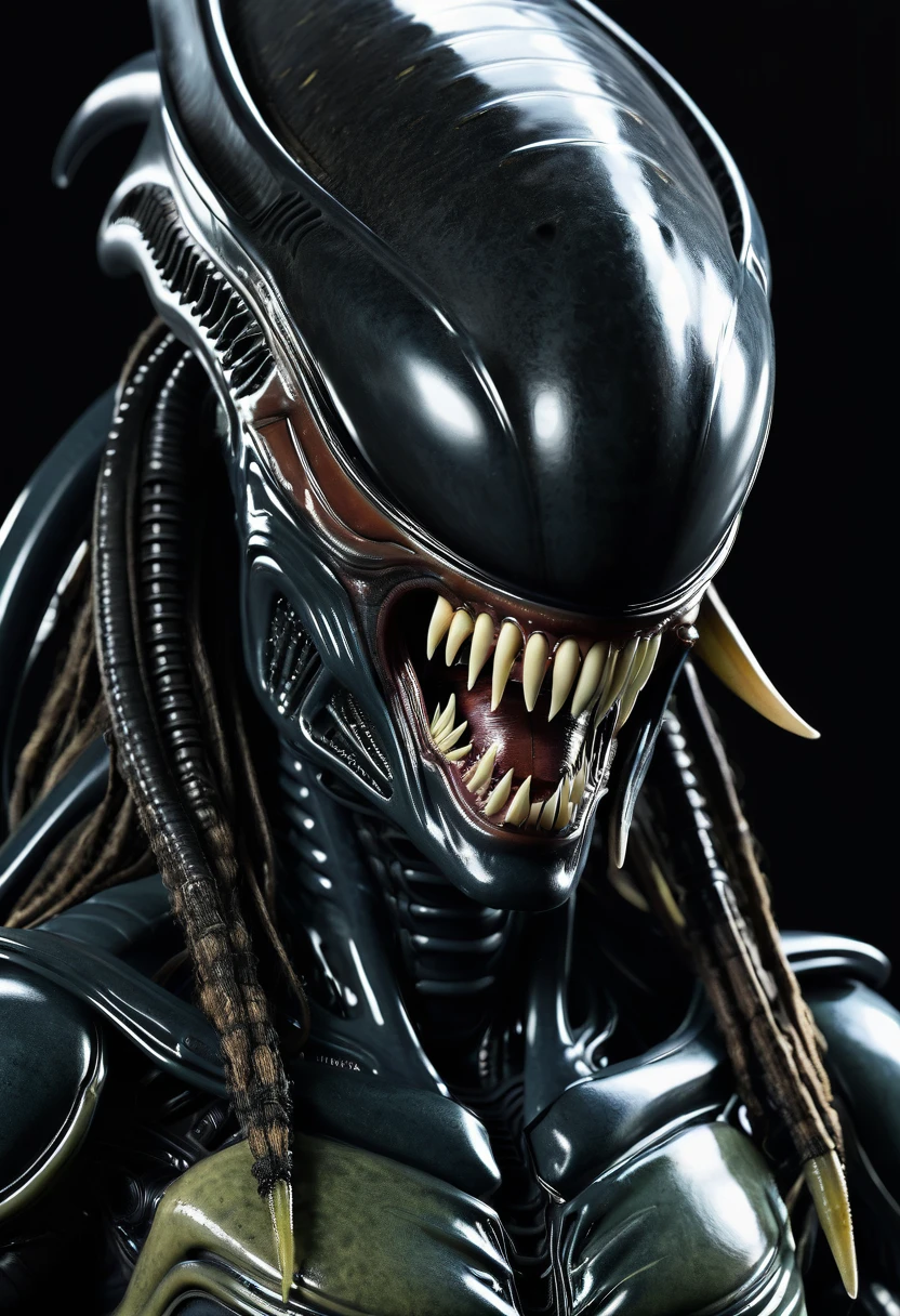 (((Very close up (((Predator fusion Xenomorph Alien the eighth passenger))),(((black color))) surreal and cinematographic images Color Splash images))),(((Front Images))),(((dreadlocks)))