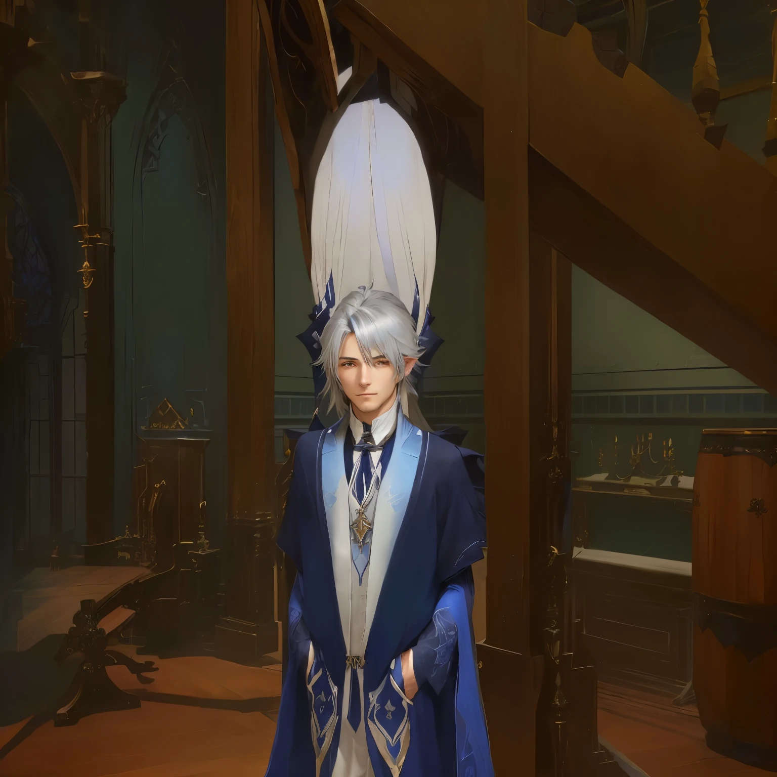 anime character in a blue and white outfit standing in a room, lalafell, he has dark grey hairs, young shadow mage male, thancred waters in style of wlop, ((wearing aristocrat robe)), from bravely default ii, roguish smirk, main character, clothes themed on a peacock mage, smirking male bard