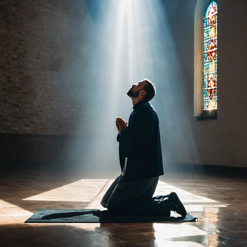 1 man kneeling down praying, while the Holy Spirit is with him