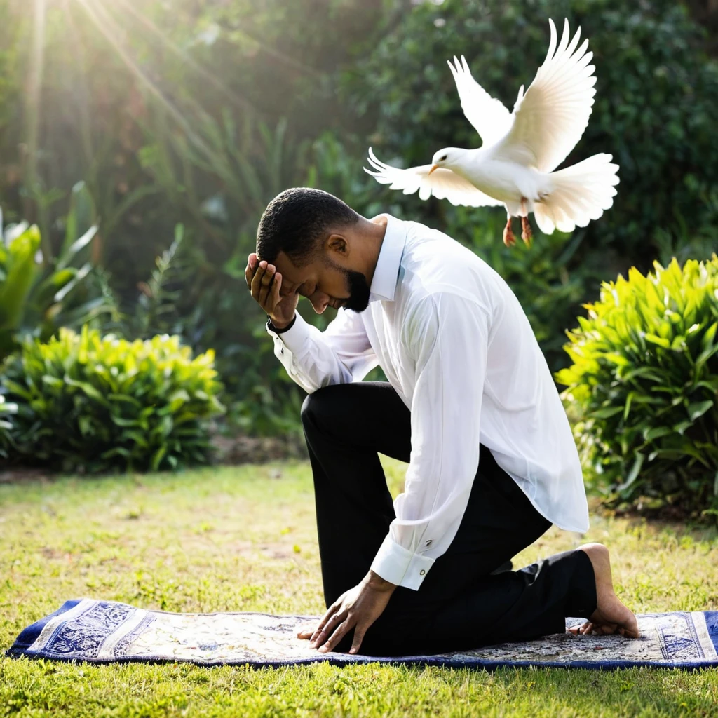1 man kneeling down praying, while the Holy Spirit is with him