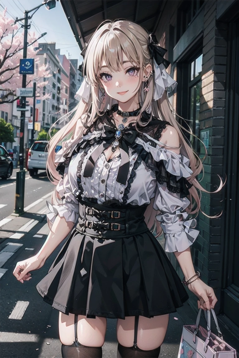 masterpiece, best quality, highres, hs1, light purple eyes, huge butt, wide hips, thick thighs upskirt, long sleeves, cleavage, long blonde hair, pink cardigan, black thighhighs, plaid skirt, red ribbon, garter straps, , outdoors, cowboy shot, standing, smile, panty peek, floral print pink panties, looking at viewer, thick thighs, jirai kei, ear piercings, street view, sakura