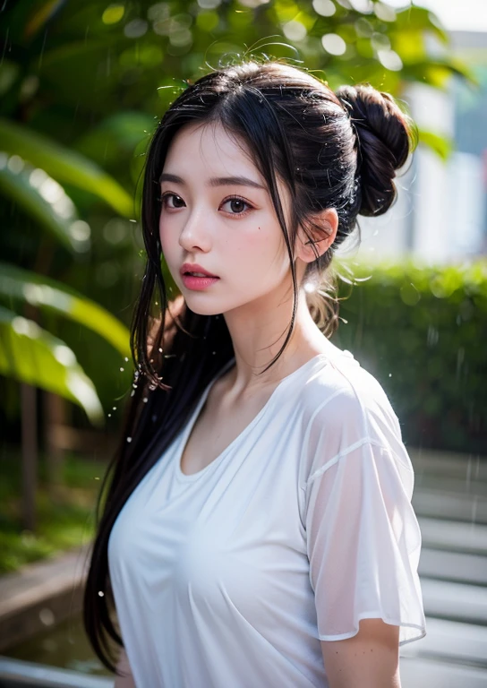 (((Upper body shot,Close-up photo)))、(((long hair,Bun hairstyle)))、(((Rainy Day,get wet)))、(((White summer chiffon shirt)))、18 years old、angry、girl、Plump breasts、The protruding point on the chest reveals the breasts、Light eye makeup、Ultra-realistic faces、High resolution 16K、Skin texture must be natural、Use natural light and color、 High-quality photos taken by model agencies.