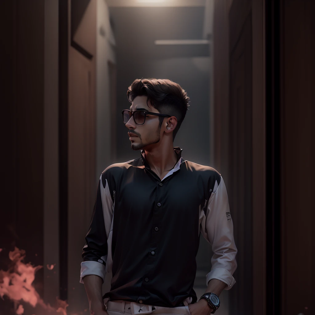 um homem de camiseta branca e headphones, Dancing, imagem com fundo em preto e rosa, futuristic graphic effects, 4K cinematic realistic image
