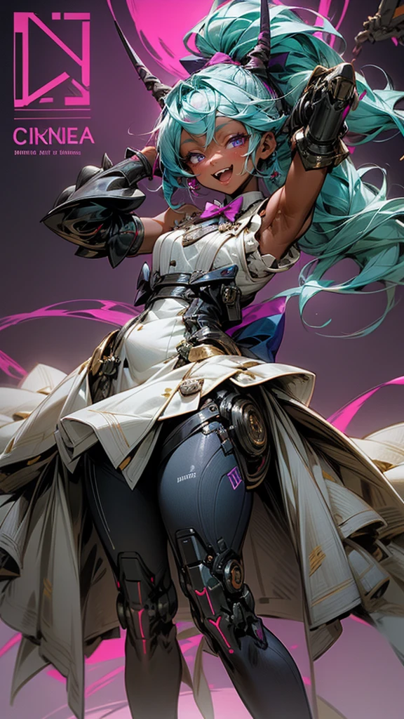 1girl, solo, long hair, looking at viewer, smile, open mouth, dress, bow, horns, blue hair, purple eyes, ponytail, :d, hair bow, heart, sleeveless, dark skin, white dress, arm up, english text, dark-skinned female, parody, mechanical arms, amputated
