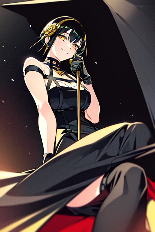 Old woman, vintage elegant black dress, elegant smile, bright yellow eyes, metallic boots, elegant black gloves, black elegant hat, black umbrella in the right hand, long black hair.