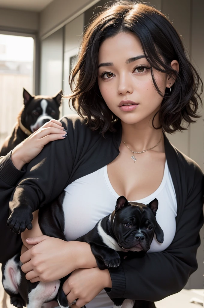 Woman with short wavy hair, with black American Bully dog with white markings on the , in the middle of the forehead and in the fingers on the paws 