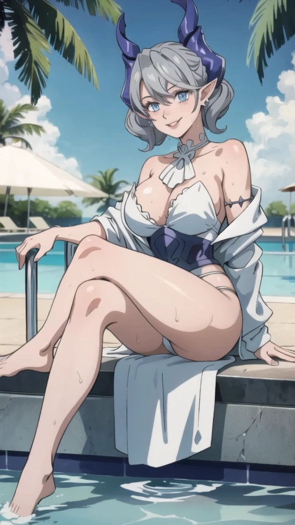 　High level image quality　best image quality　8K　 adult woman    pool party  rain　palm trees  more colors   whole body view　portrait　 ??????   　horn    ears  　short hair（（shortcut）（gray hair）（perm）（fluffy））　eye color is blue ,  , 　attractive evil face , smile   ,  ???? pose   ,  labrynth ,  barearm    , wearing robe  , sitting on person by the pool , crossed legs  , all wet , view foot arc