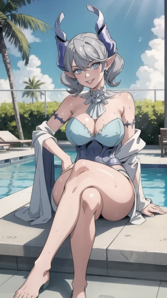 High level image quality best image quality 8K adult woman pool party rain palm trees more colors whole body view portrait bikini horn ears short hair((shortcut)(gray hair)(perm)(fluffy)) eye color is blue , , attractive evil face , smile , sexy pose , labrynth , barearm , wearing robe , sitting on person by the pool , crossed legs , all wet , view foot arc
