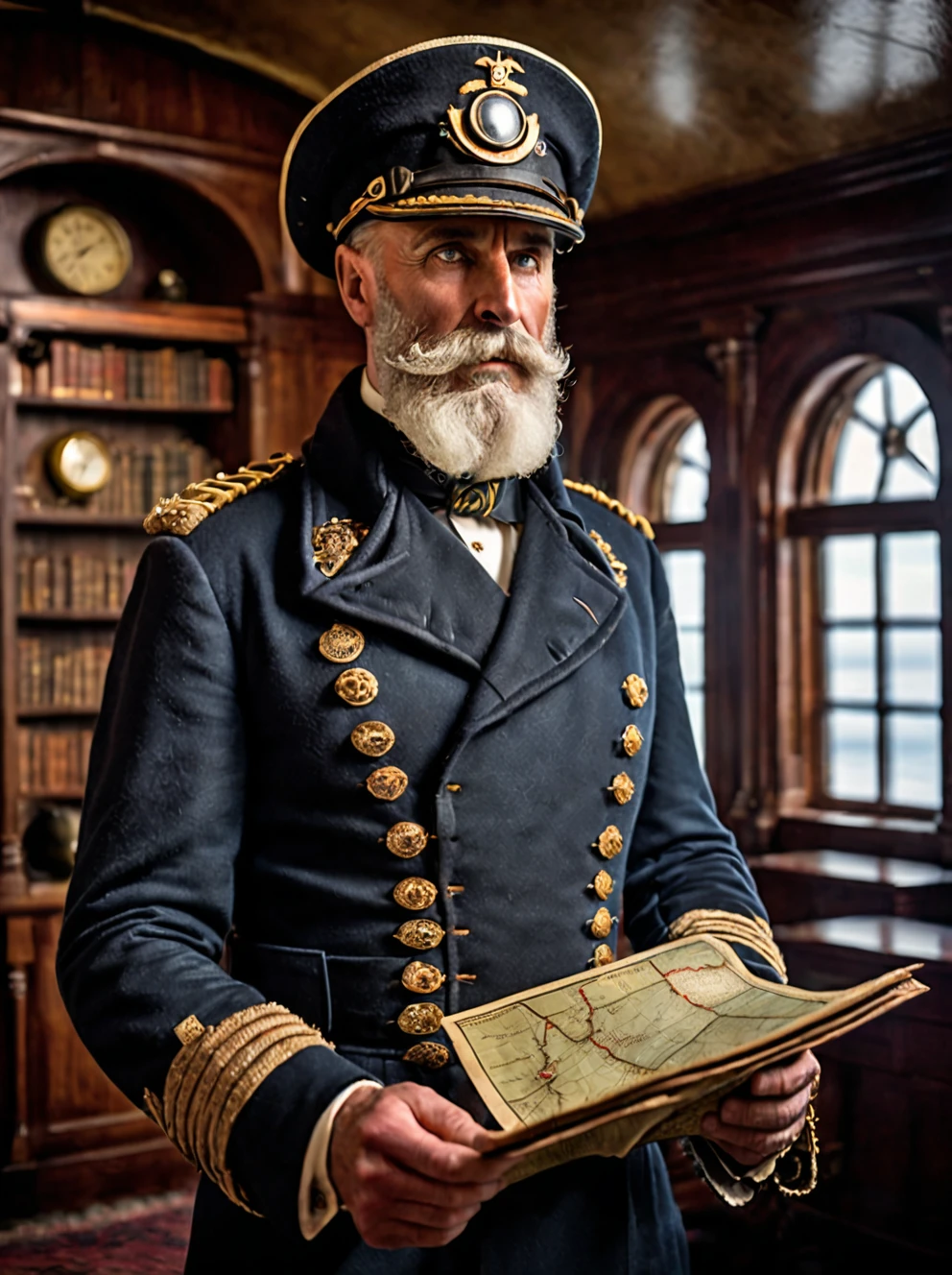 photo focus on male focus, indoors, realistic scenery, (captain nemo:1.1), reading a map of Antarctica , Antarctica, loaded military uniform, steampunk nautilus-style. very wide shot, character photo portrait, film, professional, highly detailed, 