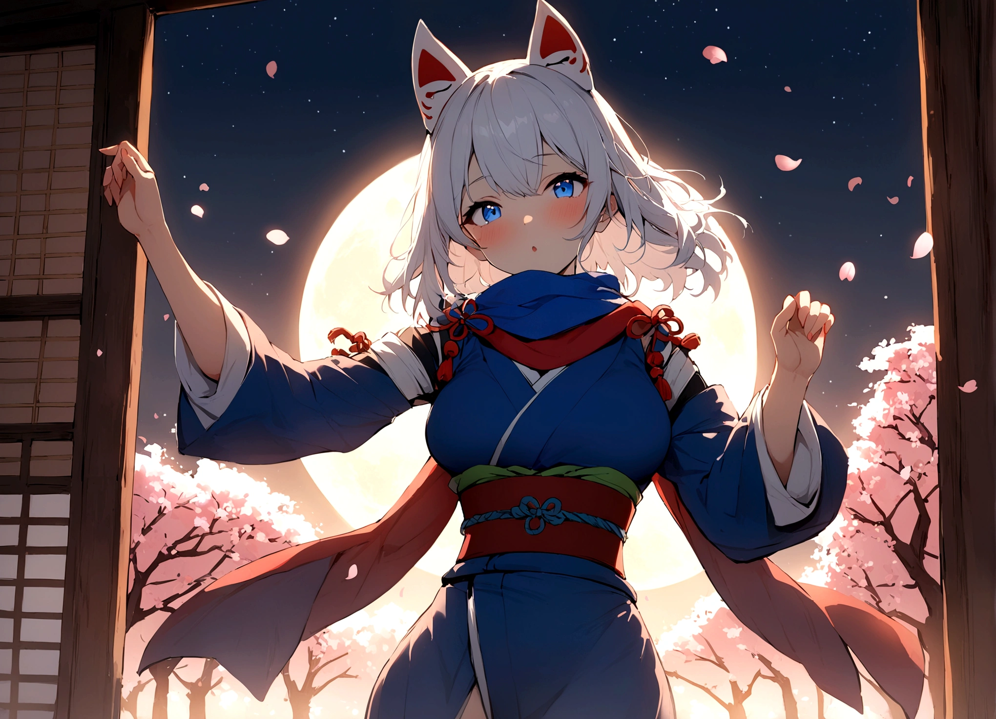 (masterpiece, best quality:1.2), 1girl, 独奏,Wolf girl, fox mask, ninja, girl, long white hair, odd eyes, blue kimono, ninja girl, red and blue scarf,Dancing Cherry Blossoms,Full moon backlighting, light coming in, fantastic atmosphere.Kyoto、Starry sky and full moon