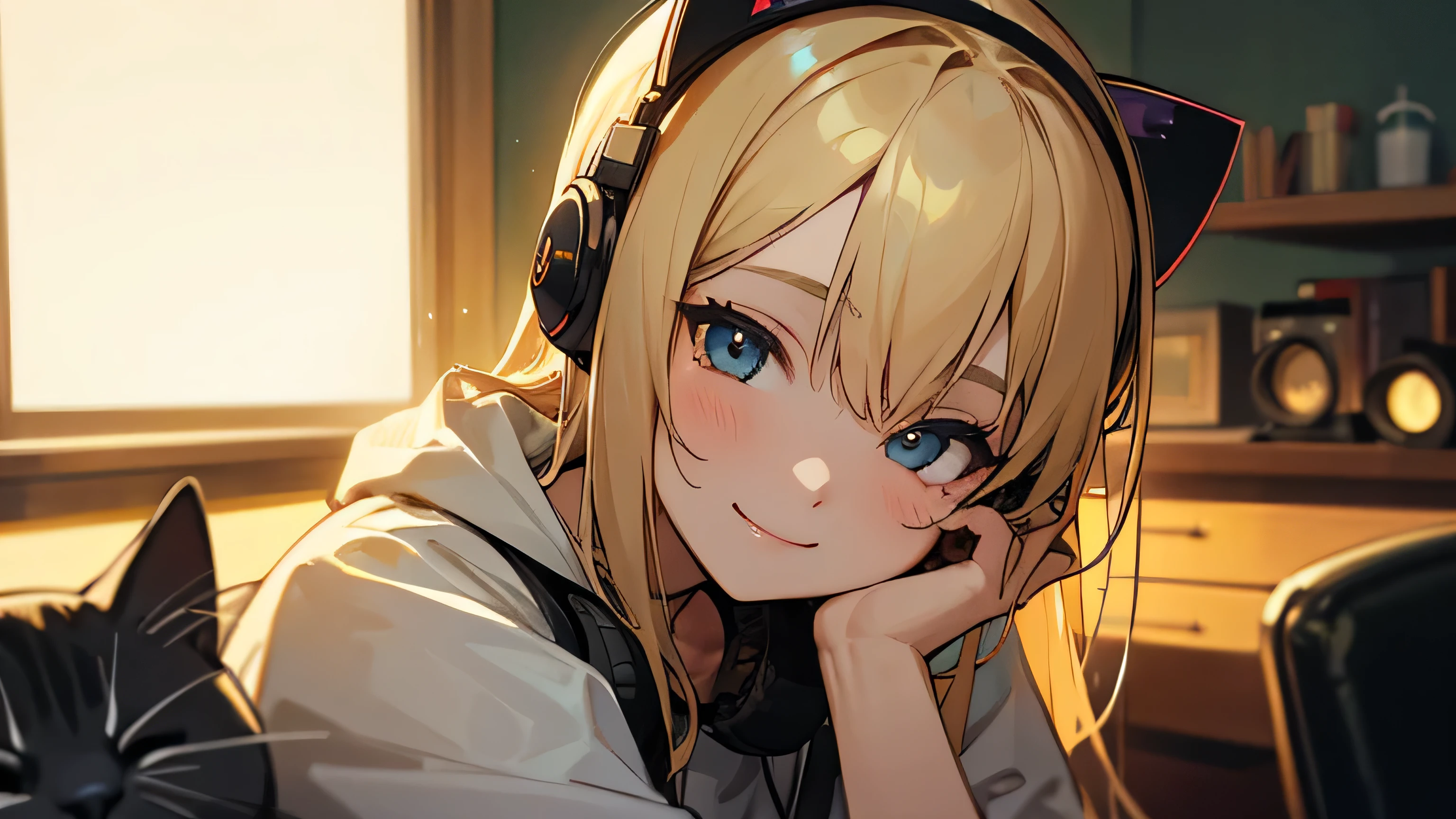 Room with speakers、Cat with headphones、Face close-up、night、Blonde、smile、Sitting in a chair