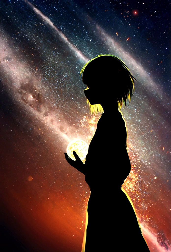 silhouette,light particles, Sky, it's night, the night is full of stars, there are planets in the sky, bright colors, Incredible details, Loli, short hair, galaxy hair, green eyes, tanned, black sweater,