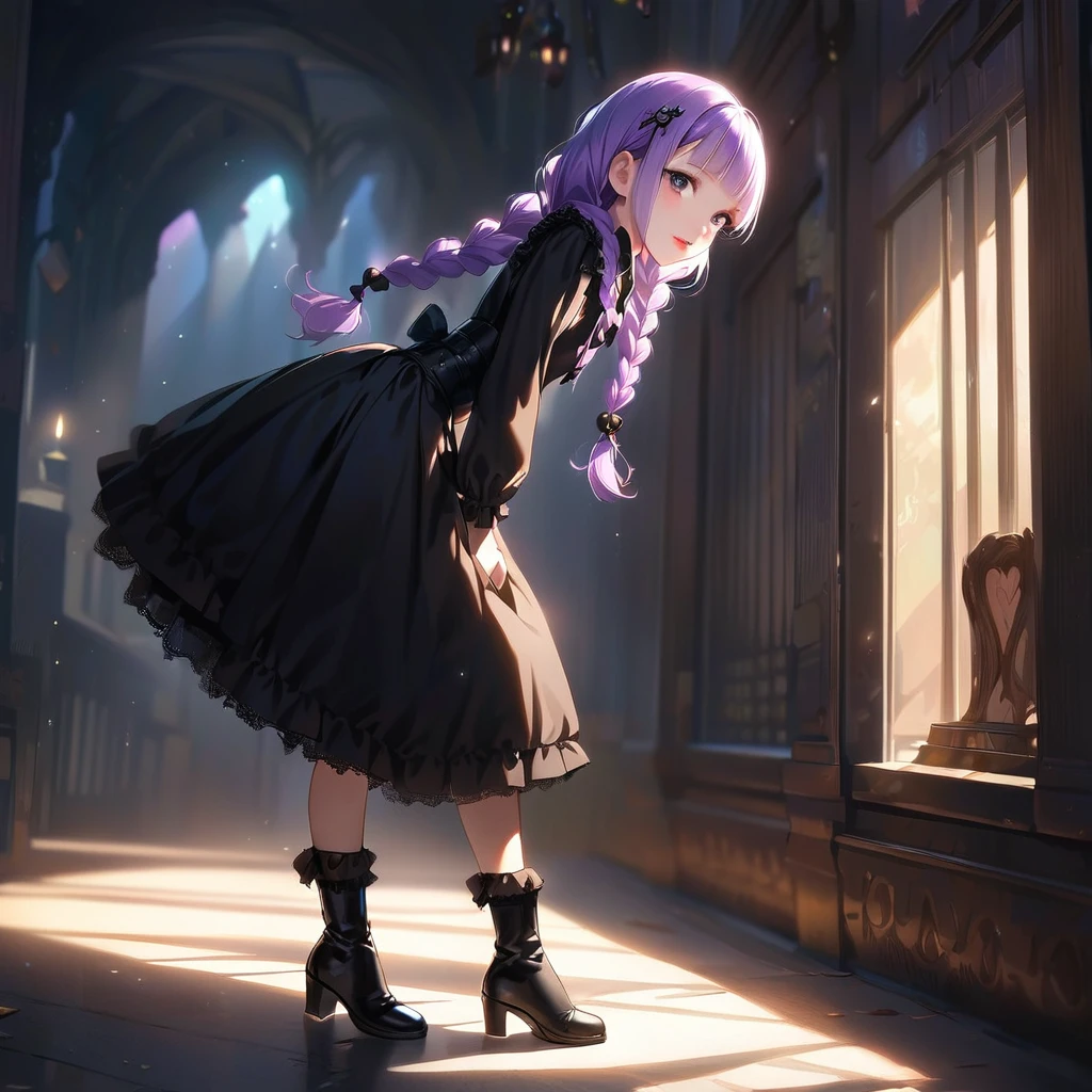 (Cute a girl:1.5), anime visual, (Black gothic lolita outfit, black boots, from side:1.3 ),boots focus, fullbody shot, (Lovey-dovey:1.5), (tilt head:1.3), extremely delicate face, soft clean focus, realistic lighting and shading, (an extremely delicate and beautiful art:1.3), elegant, (worm tone:1.1),(one girl with closs hair pin,pale purple hair,wavy two braids,blunt bangs hair,green and black eyes.pink lips:1.4), small breast,slim,Slender,night lit, full body shot, a gentle smile, look at viewer, from front,