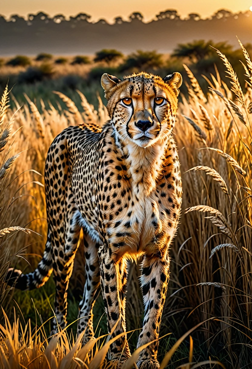 a sleek cheetah, hyper-realistic 8k detailed fur texture, intense yellow eyes, powerful, stalking through tall grass, golden hour lighting, dramatic cinematic composition, photorealistic, professional lighting and rendering, highly detailed, intricate details, vibrant colors, dynamic pose, nature environment