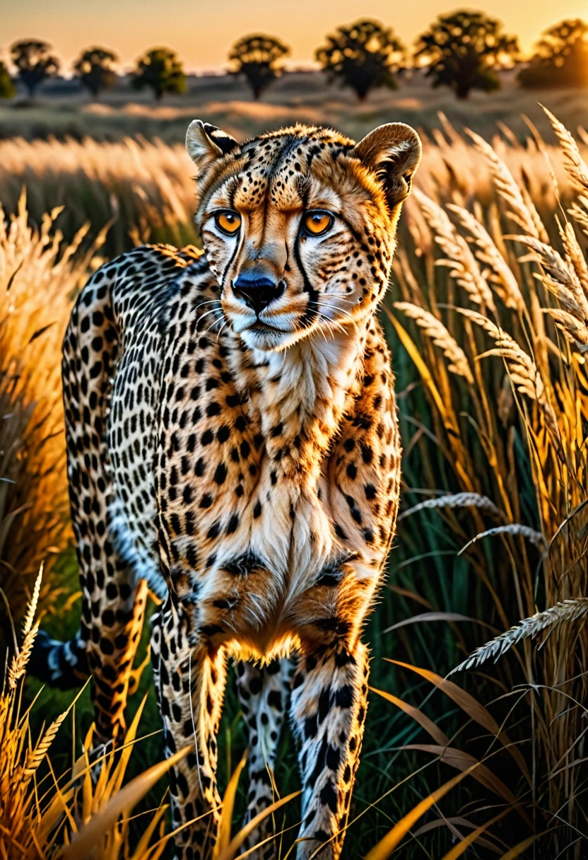 a sleek cheetah, hyper-realistic 8k detailed fur texture, intense yellow eyes, powerful, stalking through tall grass, golden hour lighting, dramatic cinematic composition, photorealistic, professional lighting and rendering, highly detailed, intricate details, vibrant colors, dynamic pose, nature environment