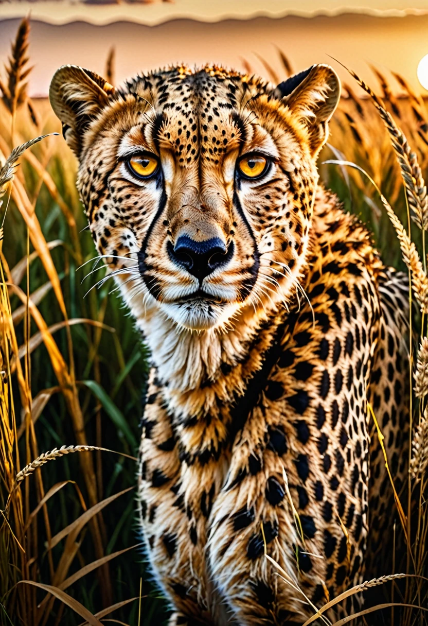 a sleek cheetah, hyper-realistic 8k detailed fur texture, intense yellow eyes, powerful, stalking through tall grass, golden hour lighting, dramatic cinematic composition, photorealistic, professional lighting and rendering, highly detailed, intricate details, vibrant colors, dynamic pose, nature environment