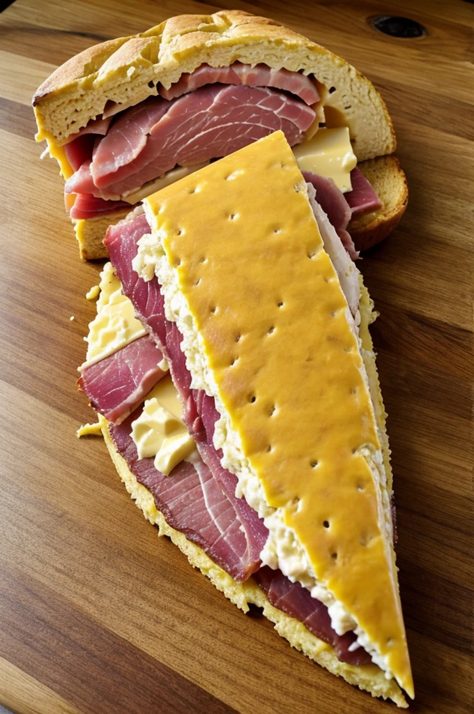 Tucumana in the shape of a dinosaur cut in half with ham and cheese filling