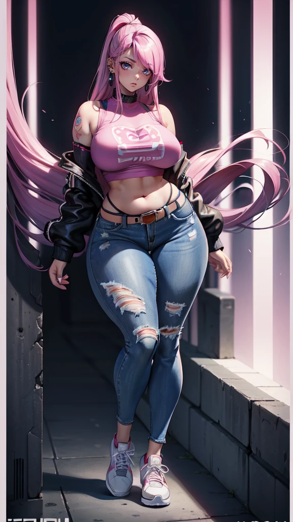 (blank background), (((full body framing))), standing, (masterpiece), (best quality), huge girl, (muscular girl:0.8), (thin hair:1.7), (long blue jeans), massive breast, hair over one eye:1.4, sport bra, (fuchsia hair), belt under navel, sneakers, ((long legs:1.6)), rock band shirt, cute:1.8, adorable:1.8, leather jacket, cyberpunk girl, ear piercings, earrings, tatoo, (very curvy:1.3), 1girl, solo, (curvy:1.4)