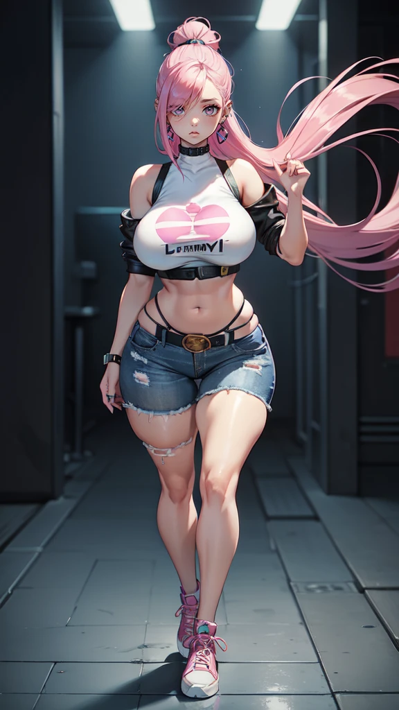 (blank background), (((full body framing))), standing, (masterpiece), (best quality), huge girl, (muscular girl:0.8), (thin hair:1.7), (long blue jeans), massive breast, hair over one eye:1.4, sport bra, (fuchsia hair), belt under navel, sneakers, ((long legs:1.6)), rock band shirt, cute:1.8, adorable:1.8, leather jacket, cyberpunk girl, ear piercings, earrings, tatoo, (very curvy:1.3), 1girl, solo, (curvy:1.4)