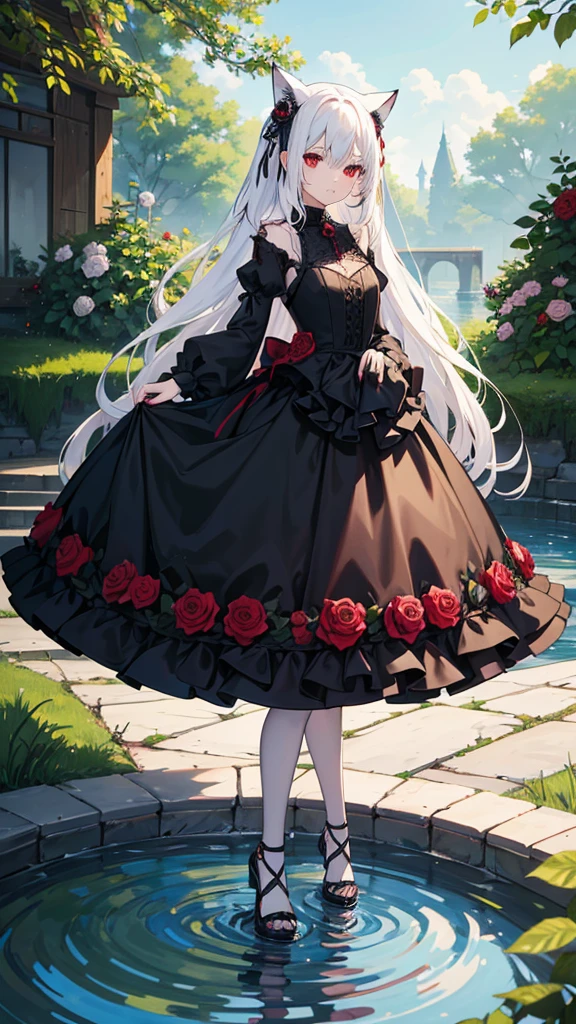 In the background in a place where there are rose bushes and a small pond while the girl holds a black rose the girl has waist-length wavy platinum white hair crimson red eyes height 1.70s sexy gothic clothing long fox race