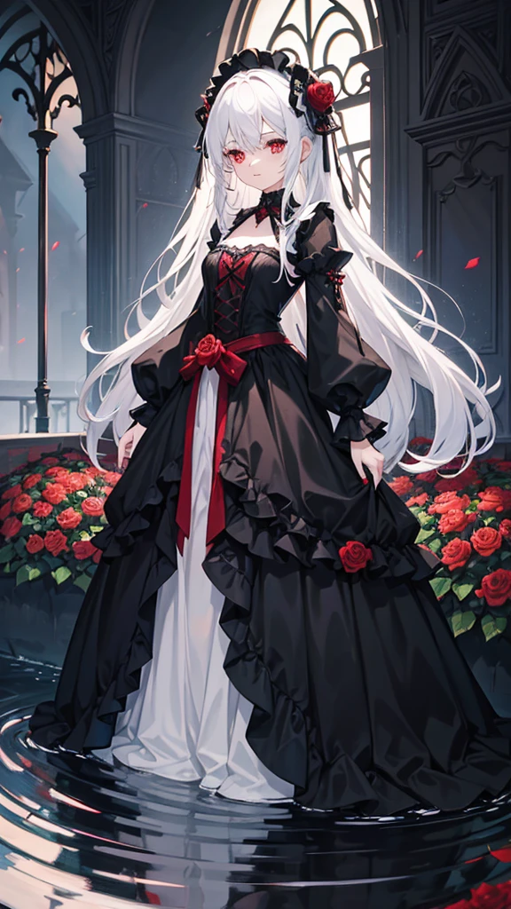 In the background in a place where there are rose bushes and a small pond while the girl holds a black rose the girl has waist-length wavy platinum white hair crimson red eyes height 1.70s sexy gothic clothing long fox race