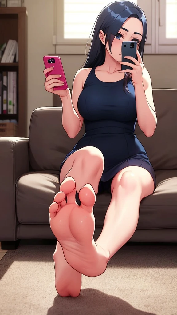 1girl, solo, long_hair, black_hair, holding, sitting, barefoot, indoors, feet, legs, toes, soles, phone, cellphone, foreshortening, smartphone, holding_phone, selfie, foot_focus, looking_at_phone