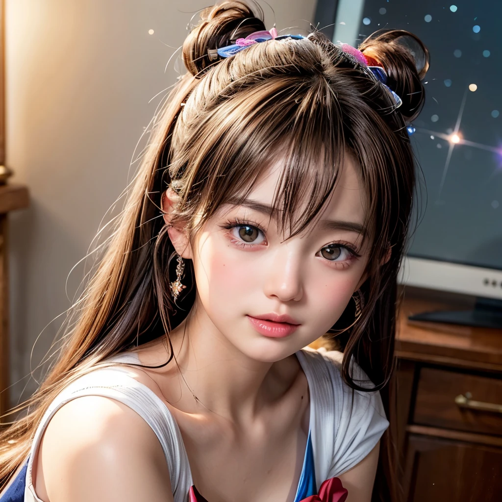 NSFW, 8k, High-level, absurd, masterpiece, best quality, primitive, very detailed CG, very detailed wallpaper, perfect lighting, Extremely detailed (((The personifying " Sailor Moon " as a ))), MysticSight, Tyndall effect, Tyndall scattering, Studio gray background with (many Dazzling RainbowColor particles BokeH:1.28), (RoundlyButts, ThighGap), (Exposed:0.4), (Assfocus with looking ahead), BREAK (NOGIZAKA face variations) Extremely Detailed very KAWAII face variations, perfect anatomy, Childish, captivating gaze, elaborate detailed Eyes with (sparkling highlights:1.28), long eyelashes、Glossy RED Lips with beautiful details, Coquettish tongue, Rosy cheeks, Radiant PearlSkin with clear transparency . { (Dynamic LifeLike expressions:1.4) | :d) }, (large eyes:-1) .