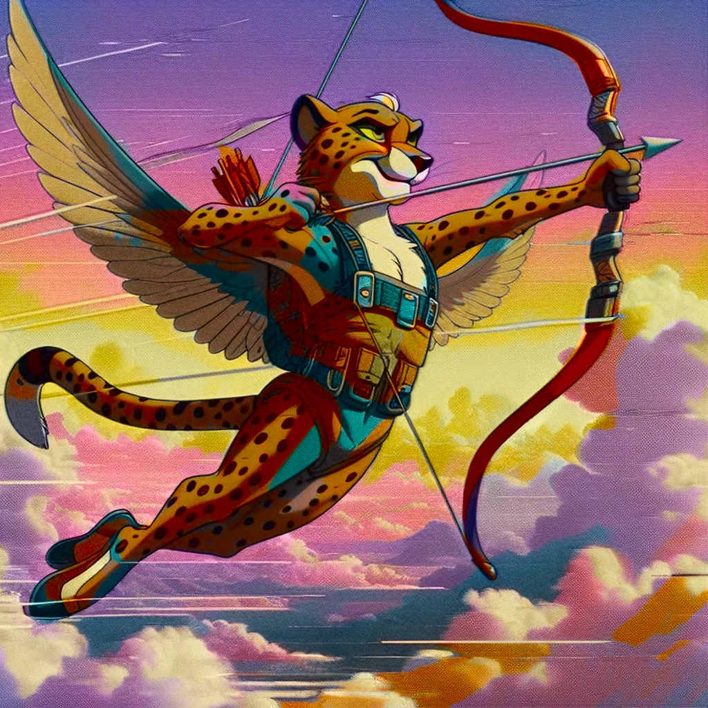Cheetah wearing wingsuit (hunter, the cheetah from Spyro videogame) VHS, glitch, distorted, nostalgia, 90's retro vibes, analog tape, vcr aesthetics, tv, television, 1990's cartoon homage), comic 1990's, animated tv show screengrab, Cheetah dancing stanky boogie, soaring in the clouds, firing arrow from bow, cinematic poster, image within image, multiple exposure, massive scale, rich color grading for shading depth, hand drawn rotoscope cartoon realism, chiaroscuro lighting, mixed media, vintage comic, retro original design, 1990's comic, sense of movement energy, Hunter from the Spyro series is a tall anthropomorphic cheetah. He has a bright orange color with brown spots all over his coat. His underbelly and goatee are bright yellow, and his paws are a lighter orange. He has somewhat prominent brown eyebrows and bright blue eyes.
