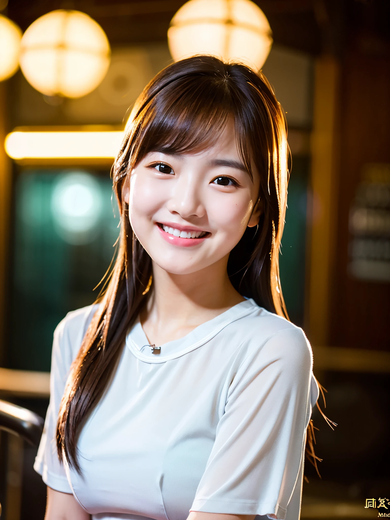 A very cute face like a 15-year-old idol　Smiling Kindly　In a blouse　(whole body)　Medium Bust　Night Bar　Cinema lighting　Natural light　Artistic　RAW Photos　Genuine　High quality that is indistinguishable from real life　Real Stick　High resolution