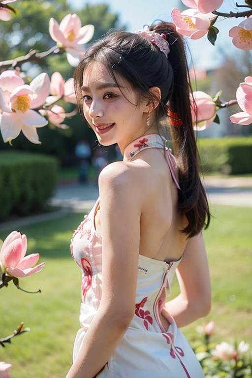 ((((8K))),((Extremely detailed CG)) ,(wallpaper),16K,((extremely delicate and beautiful)),(((masterpiece))),(((best quality))),(((超High resolution))),beautiful lights,Perfect Lightning,Realistic shadows,((High resolution)),(Smooth and flawless fair skin:1.5),(pale skin:1.3),(Facial details are extremely delicate:1.2),(Perfect body:1.1),(Super detailed),((A beautiful girl,alone)),(small head:1.2),(headdress flower:1.2),(Short Ponytail:1.2),(Small face:1.2),(baby face:1.3),(Sophisticated makeup:1.2),(earrings:1.2),(necklace:1.2),(Small Breasts:1.2),(flat chest:1.2),((Slim,Thin)),(happy:1.2),(Smile:1.2),(Maxi Gorgeous Delicate Embroidery Pink_red hanfu:1.5),(Apart from:1.3),(Daytime scene:1.3),(Bright sunshine:1.3),(outdoor:1.2),(early spring:1.3),(On the Hill:1.3),(blooming magnolia:1.3),(Detailed Background:1.5),(eternal:1.3),(Upper Body:1.2),(from behind:1.2),
