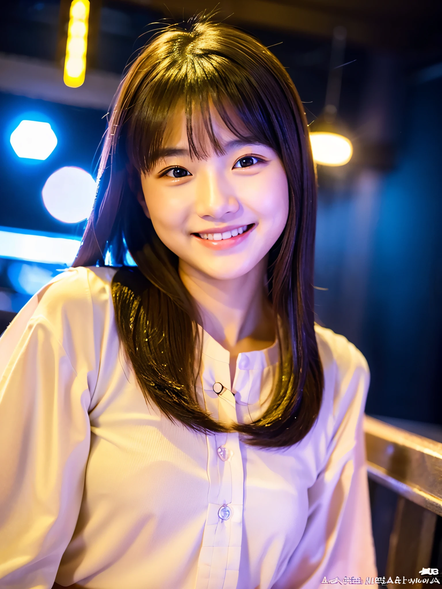 A very cute face like a 15-year-old idol Smiling Kindly In a blouse (whole body) Medium Bust Night Bar Cinema lighting Natural light Artistic RAW Photos Genuine High quality that is indistinguishable from real life Real Stick High resolution