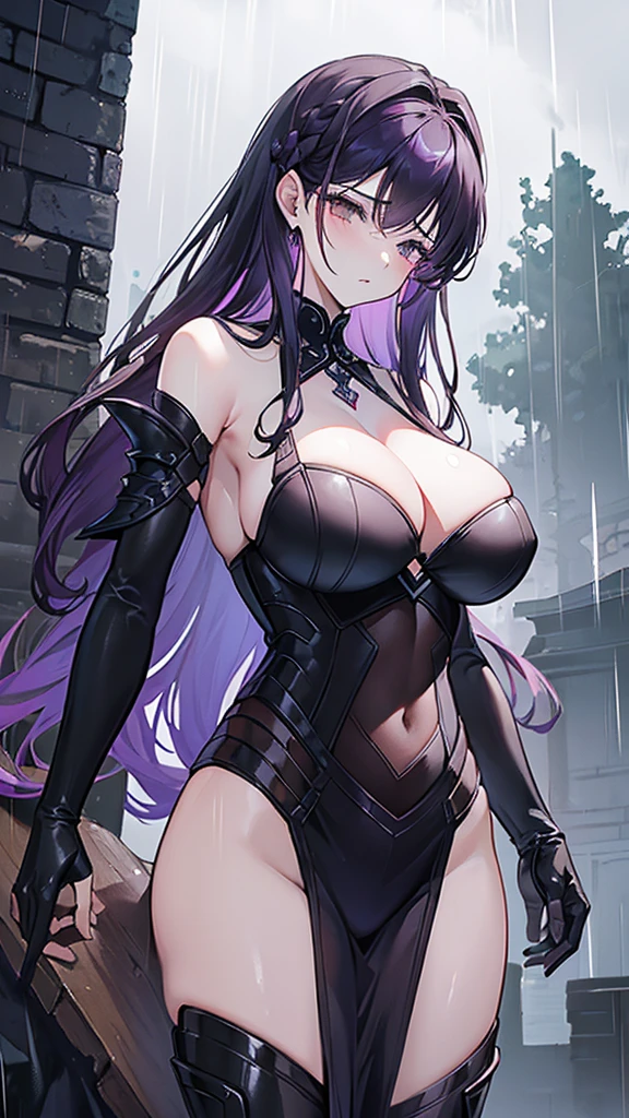 1 Private Wife,alone,long hair,Large Breasts,cleavage,Brown eyes,Sexy,purple hair,Mature female,widow,(masterpiece: 1.0,(the best_quality: 1.0),silence,Black Armor,rain,cloudy day,tombstone,Close eyes,Fantasy World,Board hairstyle,tearing up