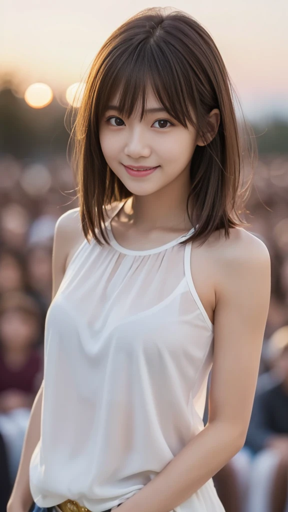 masterpiece, Highest quality, Ultra-high resolution, Super detailed, Sharp focus, One girl, alone, Amazingly cute and beautiful sexy Japanese model, 19 years old, View your viewers:1.3, (bright smile:0.6), wearing (blouse), evening, sunset, night, Realistic, thin, (Are standing:1.1), (Looking at the audience:1.3), Sexy Gaze, blush, (Upper Body Shot:1.6), Medium Hair, Messy Hair, Asymmetrical bangs, Light brown hair, Messy Hair style, ((Pure White Camisole、、smile、Light clothing))