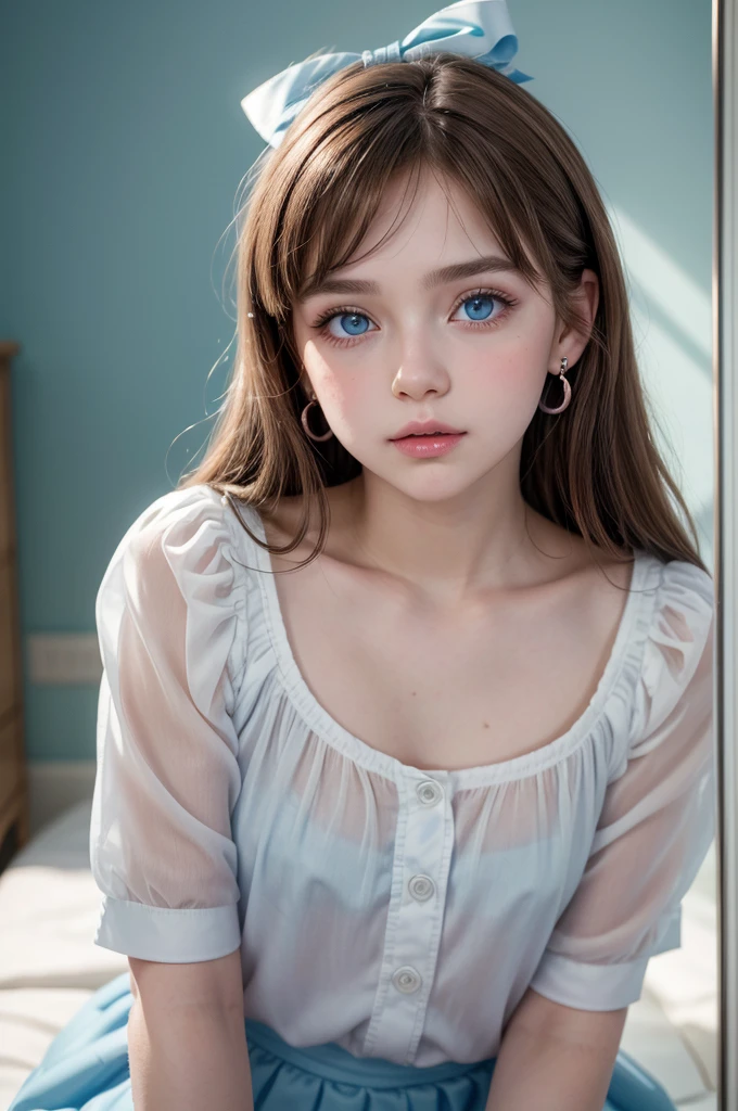 A trans girl with short brown hair, big blue eyes, full and small lips with a pink blush on the cheeks, a blue bow in her hair and blue heart earrings in her ears, beautiful lighting, Best Quality, Masterpiece, ultra high resolution looking at your reflection in a mirror, blue blouse, white skirt and white boots