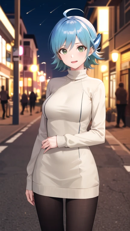 (masterpiece, best quality, very aesthetic, ultra detailed), intricate details, 4k, aamercury, short hair, blue hair, earrings, blue eyes, <lora:sailor_mercury_animaginexl_v1:0.9>, ribbed sweater, sweater dress, sleeveless, turtleneck, shoulder bag, smile, night, street, standing, cowboy shot,