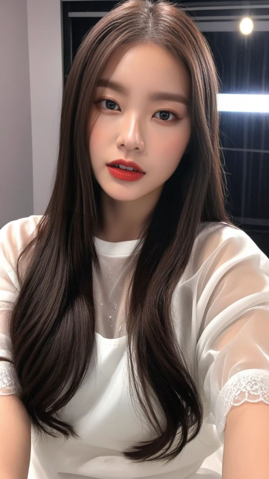 Sudden rain、Sexy Woman、Round face、so beautiful。Huge 、Pure white buggy shirt with lace see-through、Brown haired、No background、Close-up、Studio Lighting、Movie Light、Highest quality、Cowboy Shot、Wide shot of a person in the rain、The shirt clings to the body、Shows signs of wear and tear。