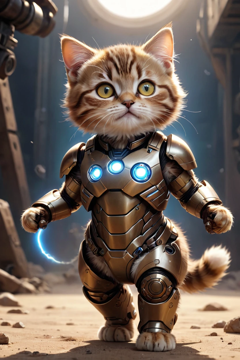 small, There are no humans in this world、The world of anthropomorphized cats、Wearing a full Iron Man suit、Iron Suit Mark 1、The arc reactor emits blue light、desert、かわいいbornき物全身, Costumes,、 Fantasy art, Exquisite detail, An anthropomorphic, fat, furry tabby kitten with yellow eyes, Movie Scenes, Dramatic shot angles, , Realistic, born々Amazing cinematic photorealism, Action Portrait, 8K, detailed, Full Frame