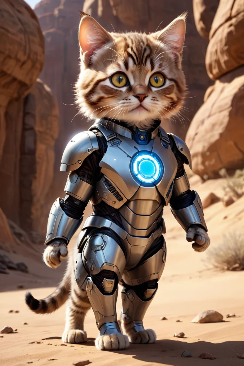 small, There are no humans in this world、The world of anthropomorphized cats、Wearing a full Iron Man suit、Iron Suit Mark 1、The arc reactor emits blue light、desert、かわいいbornき物全身, Costumes,、 Fantasy art, Exquisite detail, An anthropomorphic, fat, furry tabby kitten with yellow eyes, Movie Scenes, Dramatic shot angles, , Realistic, born々Amazing cinematic photorealism, Action Portrait, 8K, detailed, Full Frame