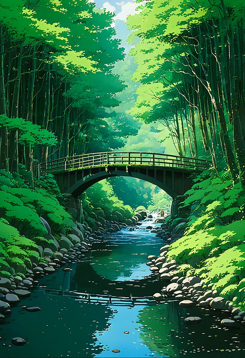 A painting of a bridge in the woods with a stream running underneath it, studio ghibli environment, Studio Ghibli's smooth concept art, Studio Ghibli movie stills, Anime Rush John 8k Woods, Beautiful anime scene, Beautiful peaceful scene in anime, Anime Nature, Scenery of Studio Ghibli, Beautiful anime scenery, Ghibli art style, Studio Ghibli Anime Screenshots, Ghibli Screenshots, Anime Background Art, Studio Ghibli Composition