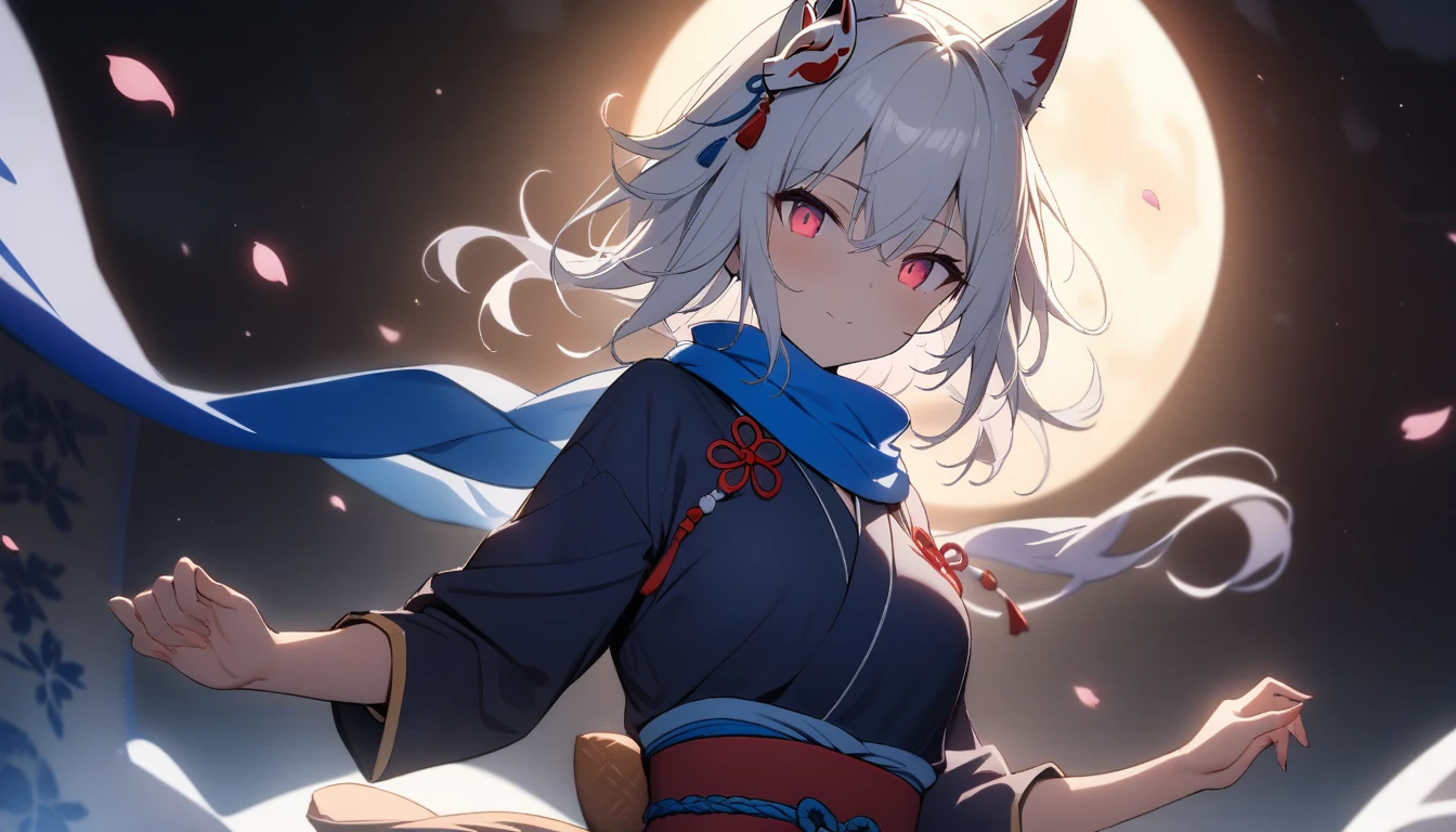 (masterpiece, best quality:1.2), 1girl, 独奏,Wolf girl, fox mask, ninja, girl, long white hair, odd eyes, blue kimono, ninja girl, red and blue scarf,Dancing Cherry Blossoms,Full moon backlighting, light coming in, fantastic atmosphere.night、Shadows of light and darkness、Eyes that glow in the dark