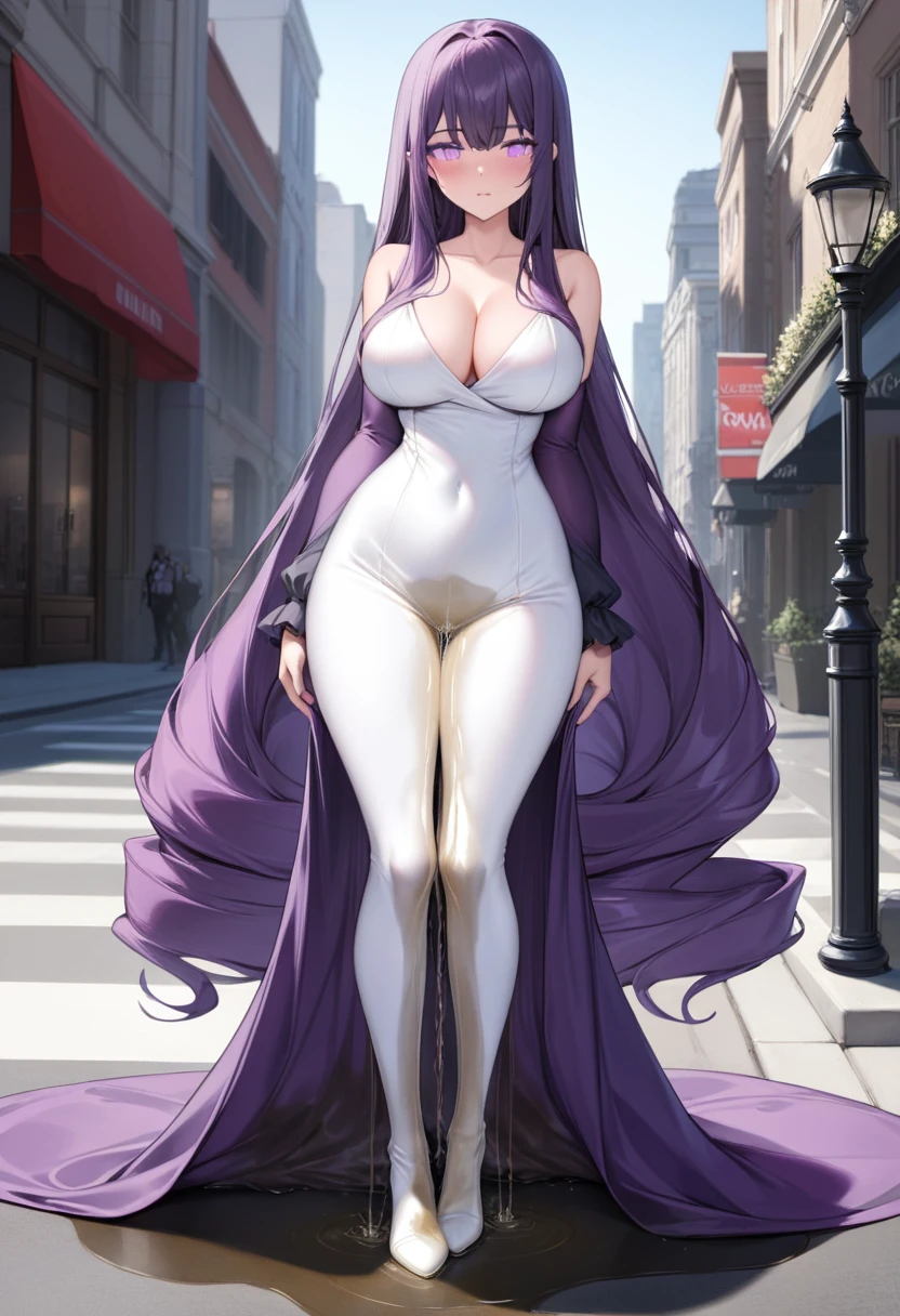 (masterpiece:1.37), best quality, (extremely detailed:1.37) woman, (adult:1.5), (very long hair:1.5), dark purple hair, purple eyes, (extremely detailed eyes:1.37), breasts, (very long dress:1.5), (very tight dress:2.0), white dress, (wetting herself:2.0), standing straight, full body day, daytime, glow, facing viewer, perfect composition, full body, city, street