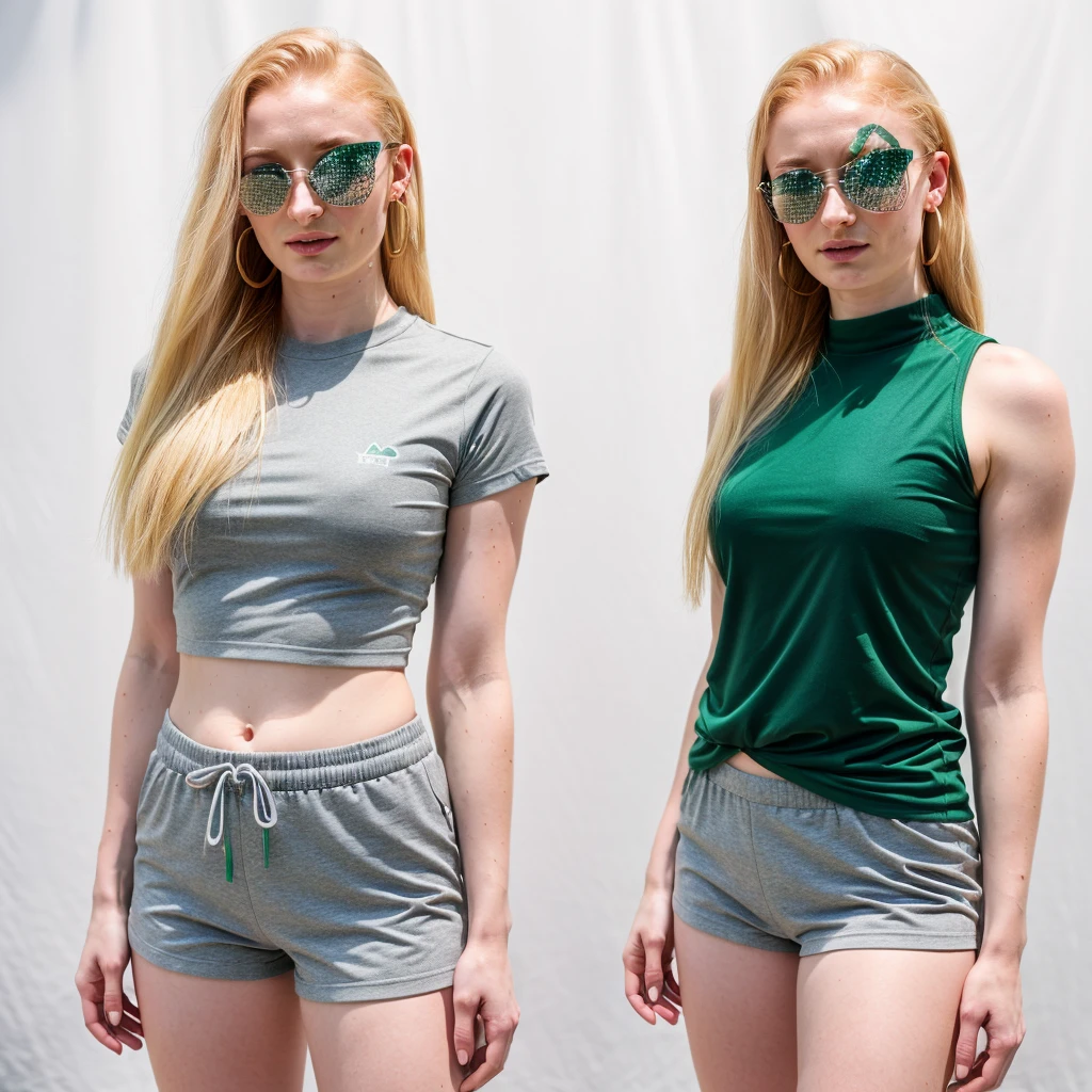 (full body) full-length shot of Sophie Turner, in grey tummy free shirt and green sport shorts, blonde hair tied back, wearing hoop earrings, ultra sharp focus, (high detailed skin:1.2), 8k uhd, dslr, high quality, film grain, Fujifilm XT38k, {{1girl}}