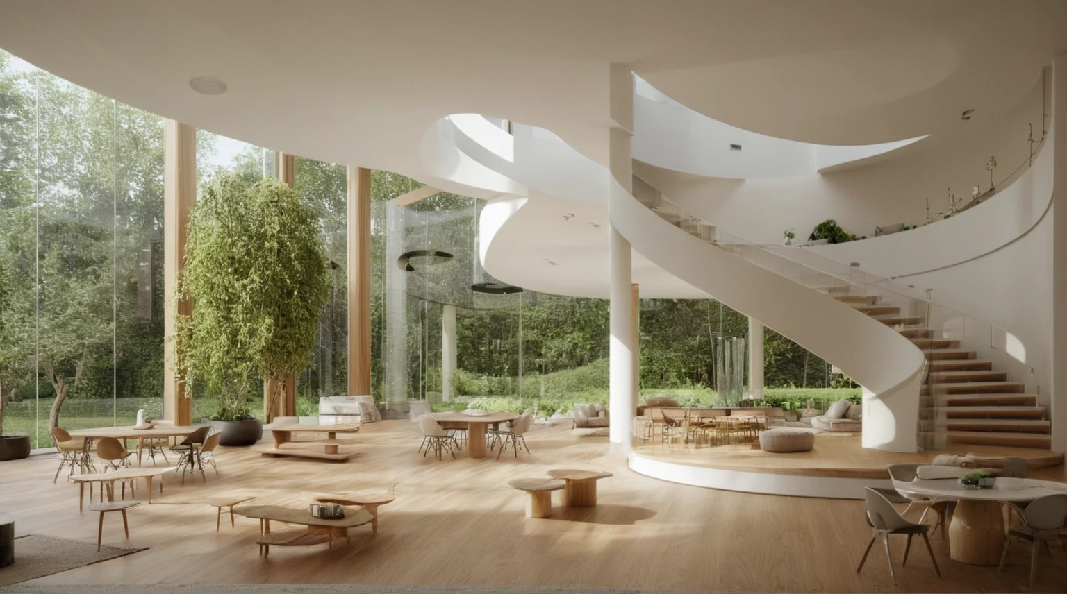 Raw photo, Masterpiece, high quality, best quality, authentic, super detail,
outdoors, coffeehouse-style minimalism,The living room in the photo has a spacious, modern and neutral-colored atmosphere.In the middle is a wide, beautiful spiral staircase. On the right is a spacious sofa accompanied by a simple wooden coffee table.Behind is a dining table set with 4 chairs and a relatively large square table. Around are arranged several potted green plants to create a cooler, more airy space.The large windows behind the sofa provide an open view outside. The lighting inside is warm and comfortable.
No other objects can be seen, the overall living space design in the photo is modern, airy and refined., sky, cloud, daylight:2.2), vivid colors, (realistic:2.3),
