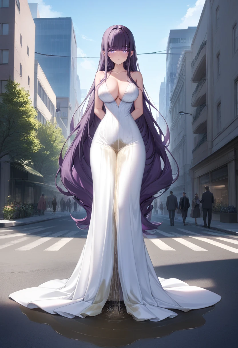 (masterpiece:1.37), best quality, (extremely detailed:1.37) woman, (adult:1.5), (very long hair:1.5), dark purple hair, purple eyes, (extremely detailed eyes:1.37), breasts, (very long dress:1.5), (very tight dress:2.0), white dress, (wetting herself:2.0), standing straight, full body day, daytime, glow, facing viewer, perfect composition, full body, city, street