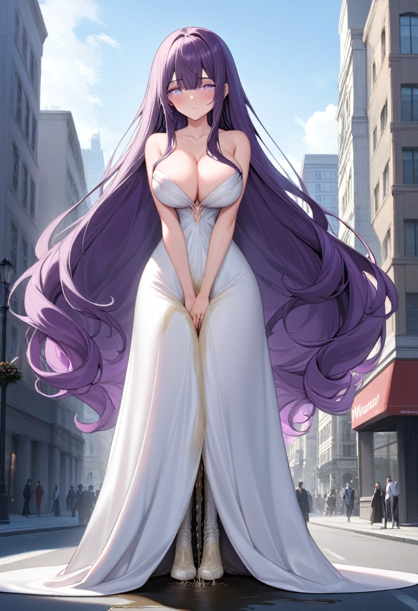 (masterpiece:1.37), best quality, (extremely detailed:1.37) woman, (adult:1.5), (very long hair:1.5), dark purple hair, purple eyes, (extremely detailed eyes:1.37), breasts, (very long dress:1.5), (very tight dress:2.0), white dress, (wetting herself:2.0), standing straight, full body day, daytime, glow, facing viewer, perfect composition, full body, city, street